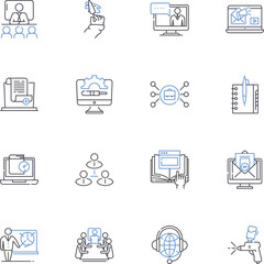 Progress tracking line icons collection. Analytics, Metrics, Measuring, Dashboard, Milests, Goals, Tracking vector and linear illustration. Data,Report,Evaluation outline signs set