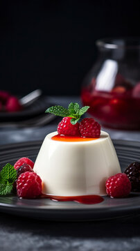 A perfect and delicious Panna Cotta. Panna cotta on white plate with berry sauce. Beautiful pannacotta. 3D realistic illustration. Creative AI
