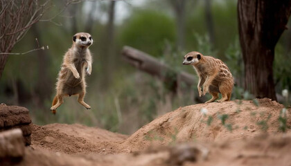 Naklejka na ściany i meble Two meerkats standing alert, watching nature beauty generated by AI