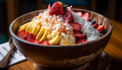 Fresh fruit salad with yogurt, granola, and berries generated by AI