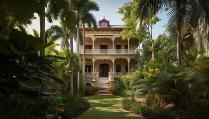 Obraz premium Tropical palms frame iconic luxury Caribbean architecture generated by AI