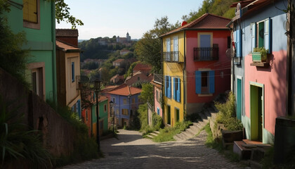 Fototapeta na wymiar Colorful old town rooftops frame stunning views generated by AI