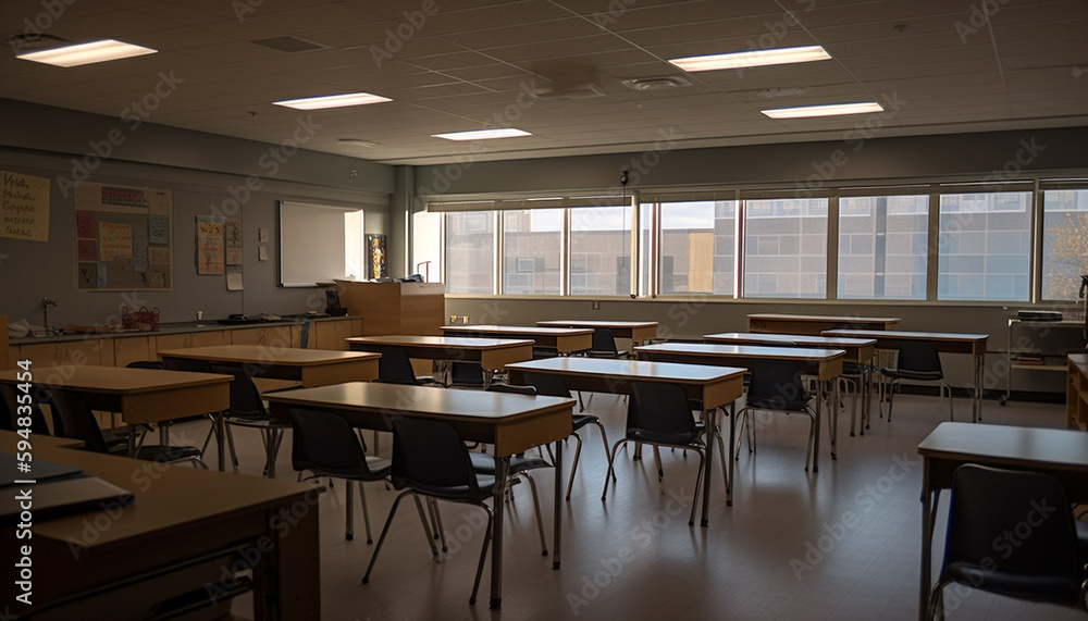 Poster empty classroom with modern chairs and tables generated by ai