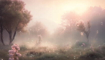 Obraz na płótnie Canvas Sunrise over foggy meadow, tree silhouette branch generated by AI