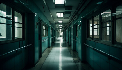 Empty hospital corridor, futuristic design, dim perspective generated by AI