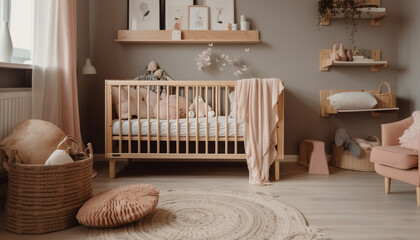 Obraz na płótnie Canvas Cozy nursery with cute toy and comfortable bedding generated by AI