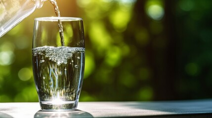 Water pouring into glass over sunlight and nature. Generative AI