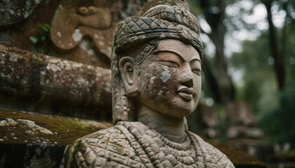 Fototapeta na wymiar Ancient Khmer statue smiles, meditating in forest generated by AI