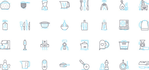 Baker linear icons set. Flour, Dough, Oven, Pastry, Yeast, Bread, Croissant line vector and concept signs. Brownies,Cookies,Cupcakes outline illustrations