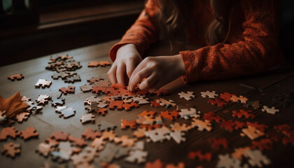 Close up of hands holding jigsaw puzzle pieces generated by AI