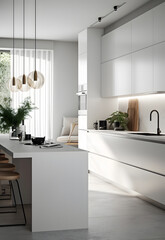 Serenely White: A Captivating Modern Premium Minimalist Kitchen Interior, AI Generative