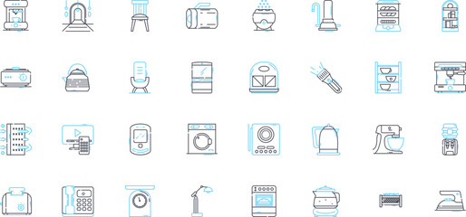 Dishwasher linear icons set. Cleaning, Efficiency, Sanitation, Dishware, Hygiene, Automatic, Rinse line vector and concept signs. Steam,Drying,Wash outline illustrations