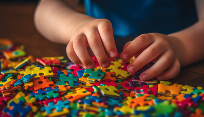 Young kids construct colorful puzzle in teamwork generated by AI