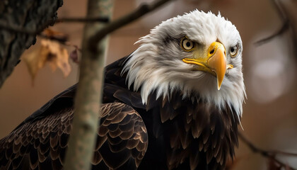 Majestic bald eagle, perched on yellow branch generated by AI