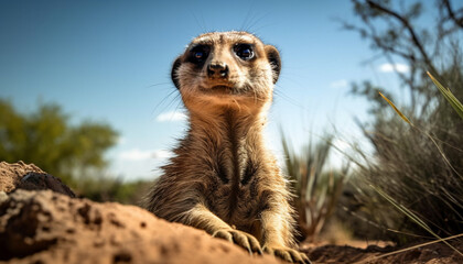Fototapeta premium One meerkat sits alert, watching outdoors in Africa generated by AI