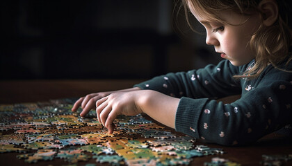 Caucasian child playing puzzle on tabletop indoors generated by AI