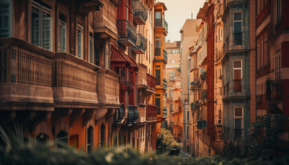 Fototapeta na wymiar Sunset elegance old fashioned balcony overlooking cityscape generated by AI