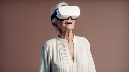 senior woman playing in virtual reality glasses. Created with generative AI.