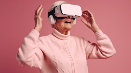 senior woman playing in virtual reality glasses. Created with generative AI.