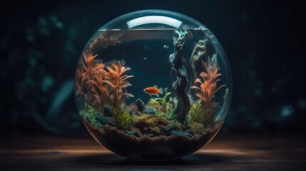 Fototapeta na wymiar fish with fishbowl on a dark background. Created with generative AI.