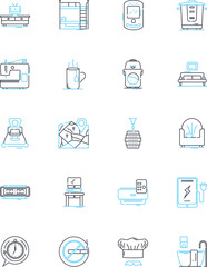 Home goods retailer linear icons set. Furniture, Decor, Appliances, Lighting, Textiles, Kitchenware, Bedding line vector and concept signs. Rugs,Storage,Bathware outline illustrations