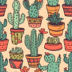 cute hand-drawn seamless pattern with cactus, illustration background 