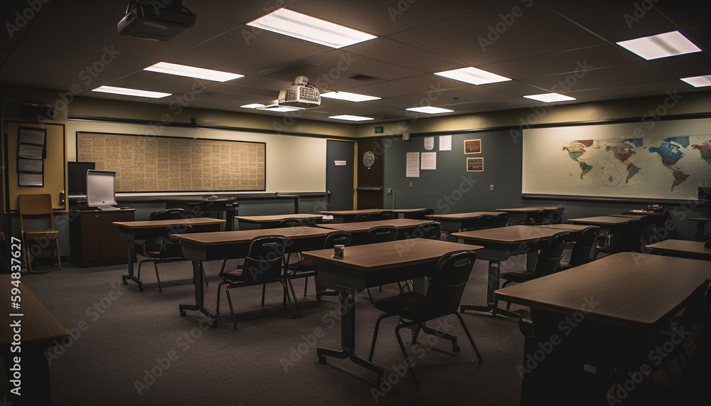 Poster modern classroom with empty desks and chairs generated by ai