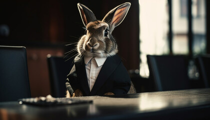 Businessman with cute rabbit celebrates successful workday generated by AI