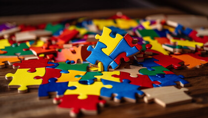 Vibrant jigsaw pieces connect to form success generated by AI