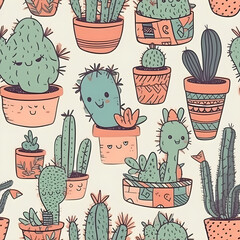 cute hand-drawn seamless pattern with cactus, illustration background 