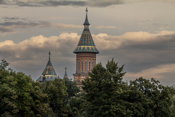 Steeple of the Timisoara Metropolitan Cathedral, or Catedrala Mitropolitana, at dusk. The...