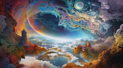Fototapeta na wymiar Beautiful view from an extraterrestrial fantastical planet with swirling clouds and colorful landscapes. Generative AI