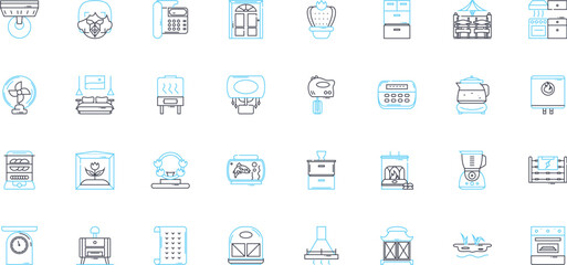 Furnishing retailer linear icons set. Stylish, Comfortable, Trendy, Practical, Affordable, Quality, Elegant line vector and concept signs. Contemporary,Modern,Chic outline illustrations