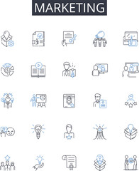 Fototapeta premium Marketing line icons collection. Advertising, Promotions, Publicity, Salesmanship, Branding, Communication, Distribution vector and linear illustration. Endorsement,Merchandising,Campaigning outline