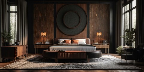 A luxurious Art Deco-inspired bedroom showcasing rich textures of lacquered finishes and exotic woods with a bold geometric rug as the centerpiece, generative ai