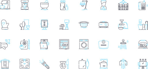 Galley linear icons set. Food, Kitchen, Cooking, Boats, Water, Nautical, Navigation line vector and concept signs. Cuisine,Serving,Culinary outline illustrations