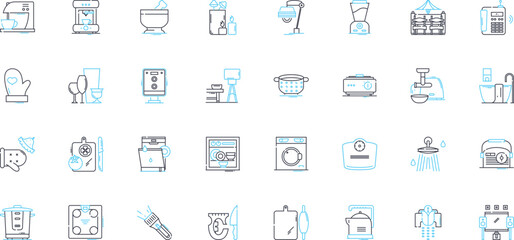 Fototapeta premium Galley linear icons set. Food, Kitchen, Cooking, Boats, Water, Nautical, Navigation line vector and concept signs. Cuisine,Serving,Culinary outline illustrations