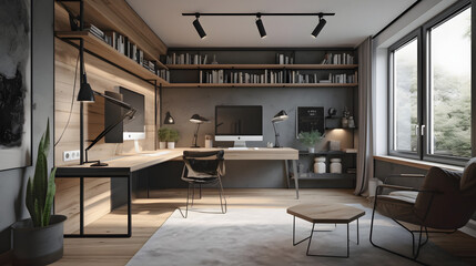 Obraz premium Modern Premium Minimalist Home Office: A Space of Elegance and Efficiency, AI Generative