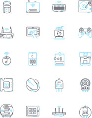 Gadgets linear icons set. Tech, Innovation, Electronics, Devices, Gear, Smartphs, Tablets line vector and concept signs. Laptops,Wearables,Drs outline illustrations