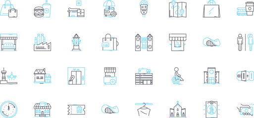 Contemporary cosmopolitan linear icons set. Urban, Modern, Global, Cultured, Sophisticated, Diverse, International line vector and concept signs. Chic,Fashionable,Trendy outline illustrations