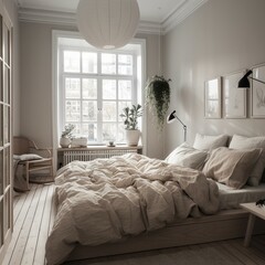 A monochromatic Scandinavian Bedroom with a focus on texture and simplicity, generative ai