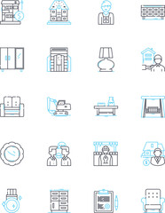Fototapeta premium Furnishing industry linear icons set. Upholstery, Fabrics, Decor, Design, Lighting, Tables, Chairs line vector and concept signs. Sofas,Cabinets,Accessories outline illustrations