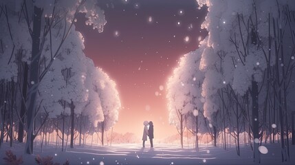 couple embraces in a snow, digital art illustration, Generative AI
