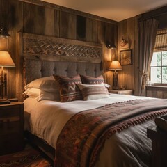 A Rustic Lodge Bedroom with an upholstered headboard, a timbered ceiling, and a woven wall hanging, generative ai
