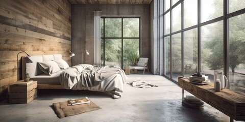 A Modern-Rustic Bedroom with Composite Textures and Contemporary Ceramic Sculptures, imbued with a Hint of Industrial Flair and Sharp Angles, generative ai