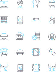 Technological tools linear icons set. Innovation, Gadgets, Cybersecurity, Automation, Robotics, Augmented reality, Virtual reality line vector and concept signs. Biometrics,Cloud,Big data outline