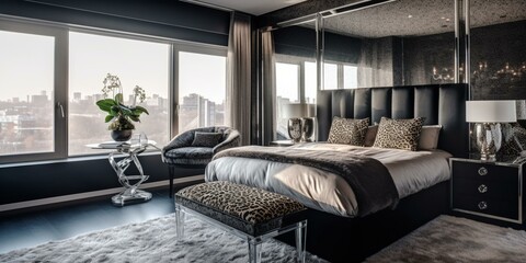 A stylish Art Deco Bedroom with reflective surfaces, high-gloss metallic accents, and textured animal prints epitomizes bold glamour, generative ai