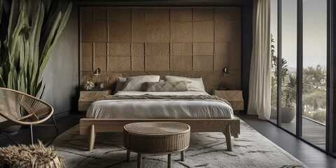 A striking bedroom with woven decor and cactus-inspired accents, generative ai