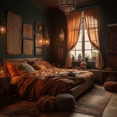 A cozy Moroccan Bedroom with a low platform bed, floor-length curtains, and layers of plush pillows in rich earthy hues, generative ai