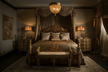 A stunning Bedroom featuring a stately carved bed, plush gold brocade drapes, and soft muted lighting emanating from elegant sconces, generative ai